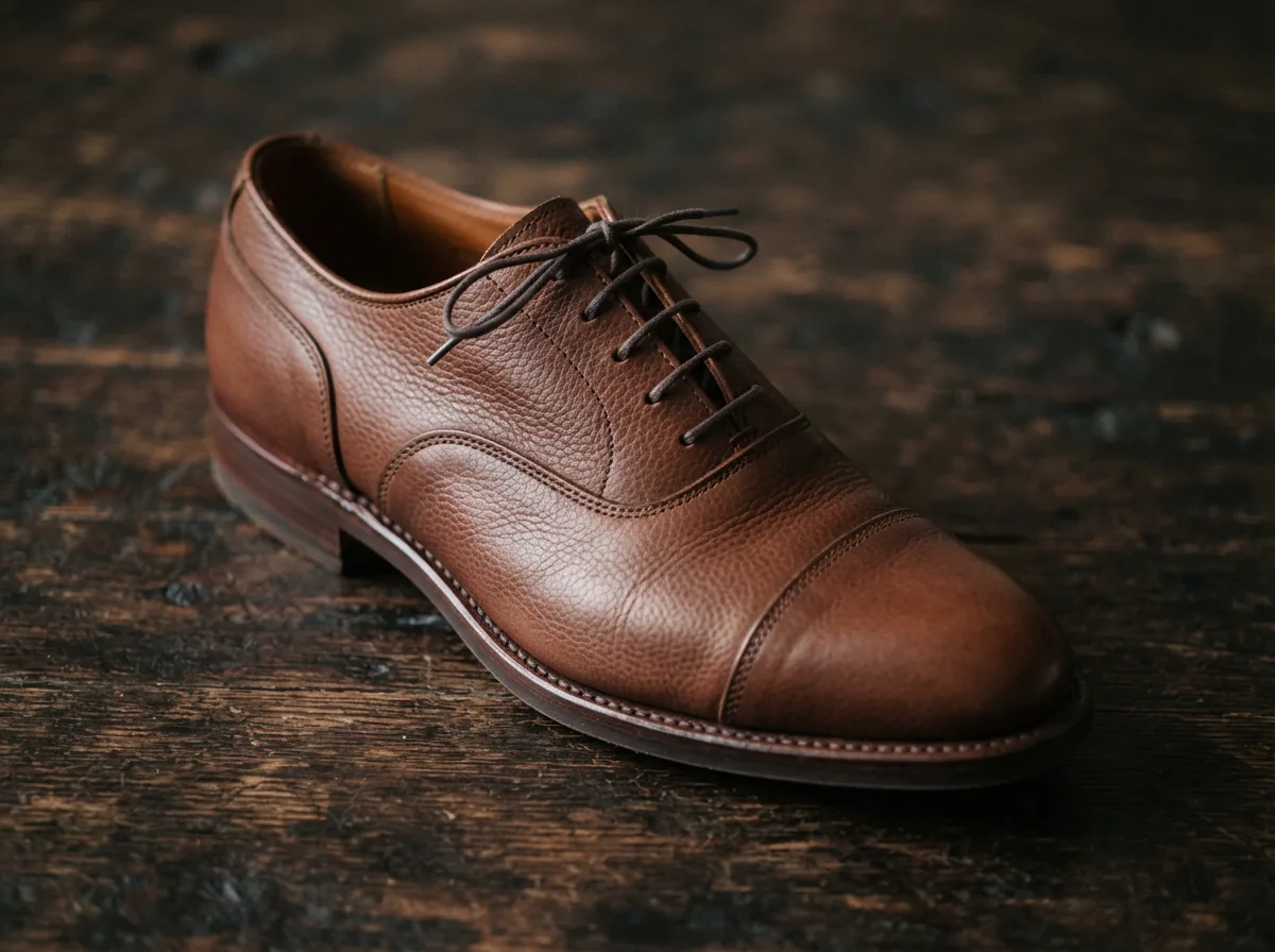 H.S. Trask Men's Oxfords in rich brown Norwegian Elk leather, prominently displayed on a dark wooden surface.