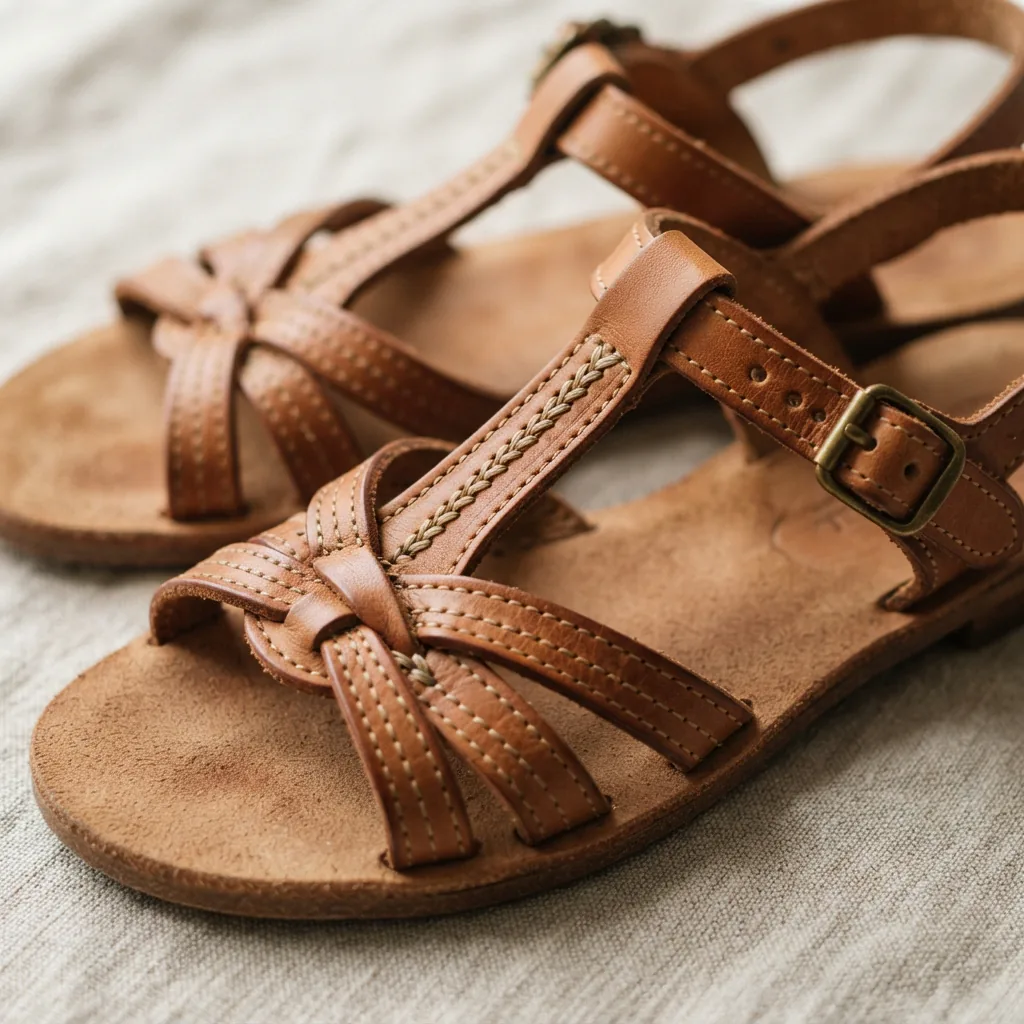 A close-up of tan leather H.S. Trask women's sandals showing the detailed stitching.