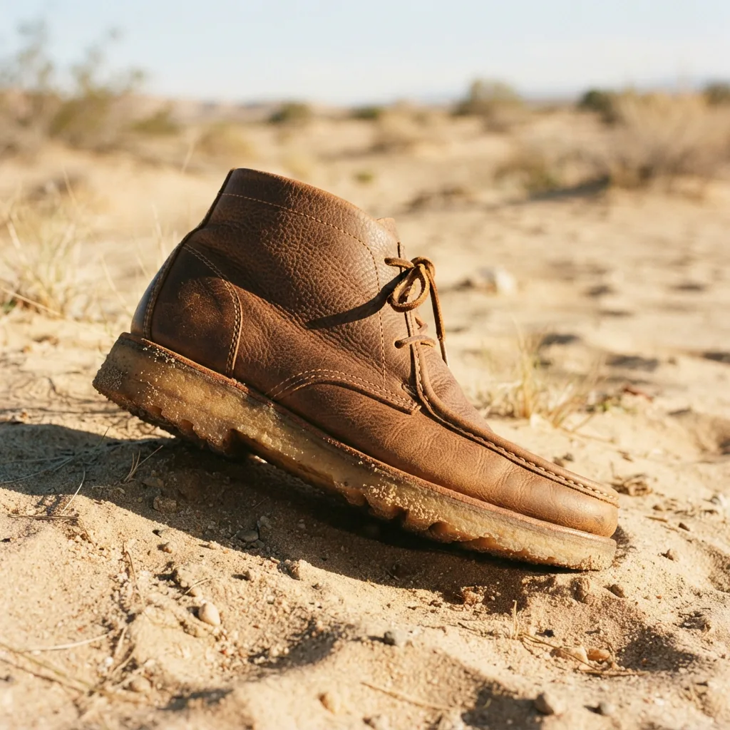 H.S. Trask Men's Northwood Desert Boot with Elk leather upper, placed on a desert sand background.