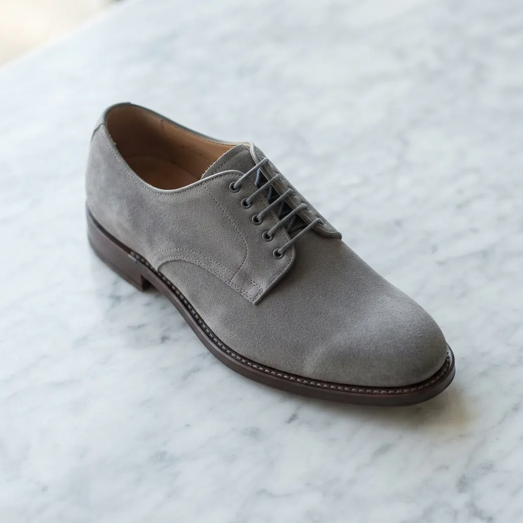 H.S. Trask Men’s Suede Derby Shoes in grey suede, resting on a light marble surface.