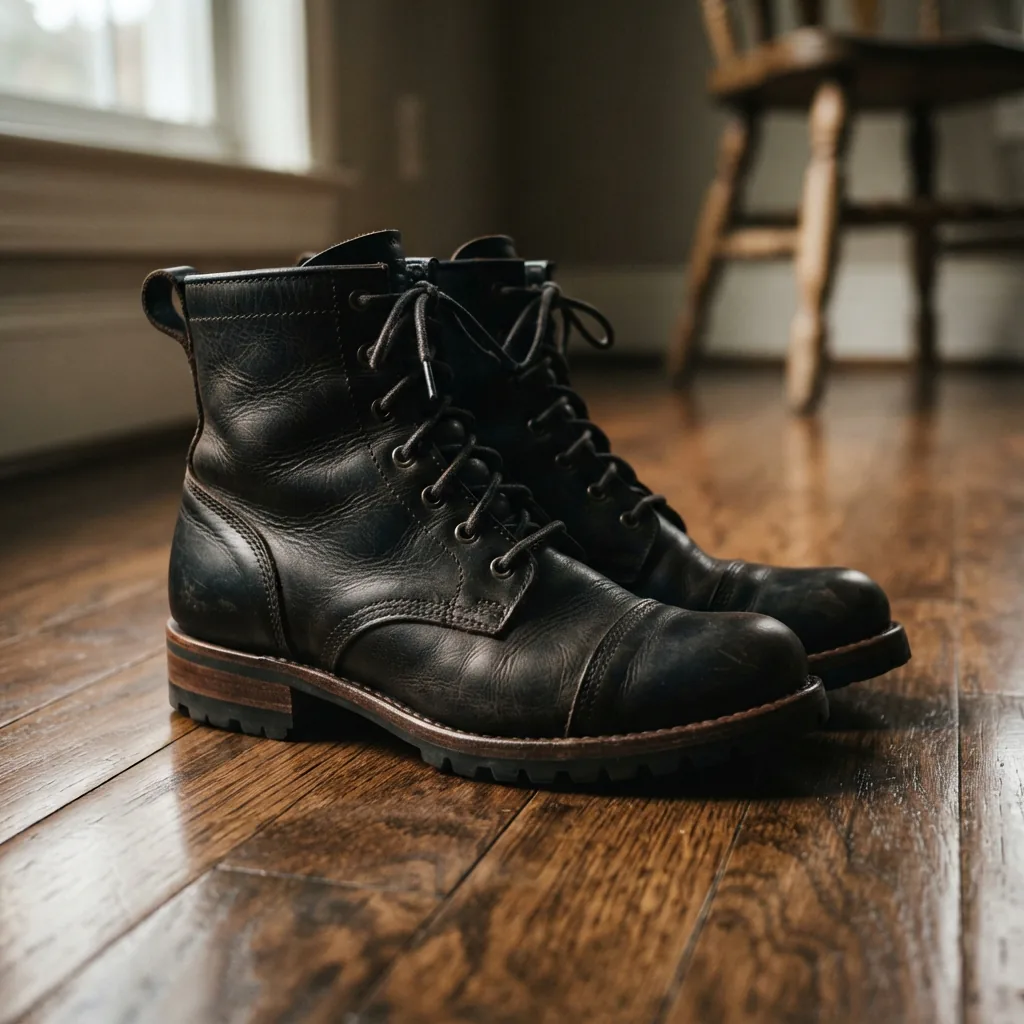 A pair of black leather H.S. Trask women's boots standing on a wooden floor.