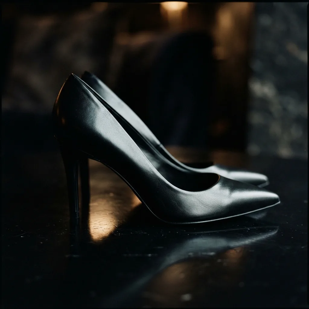 A pair of black leather H.S. Trask women's heeled shoes with a pointed toe.