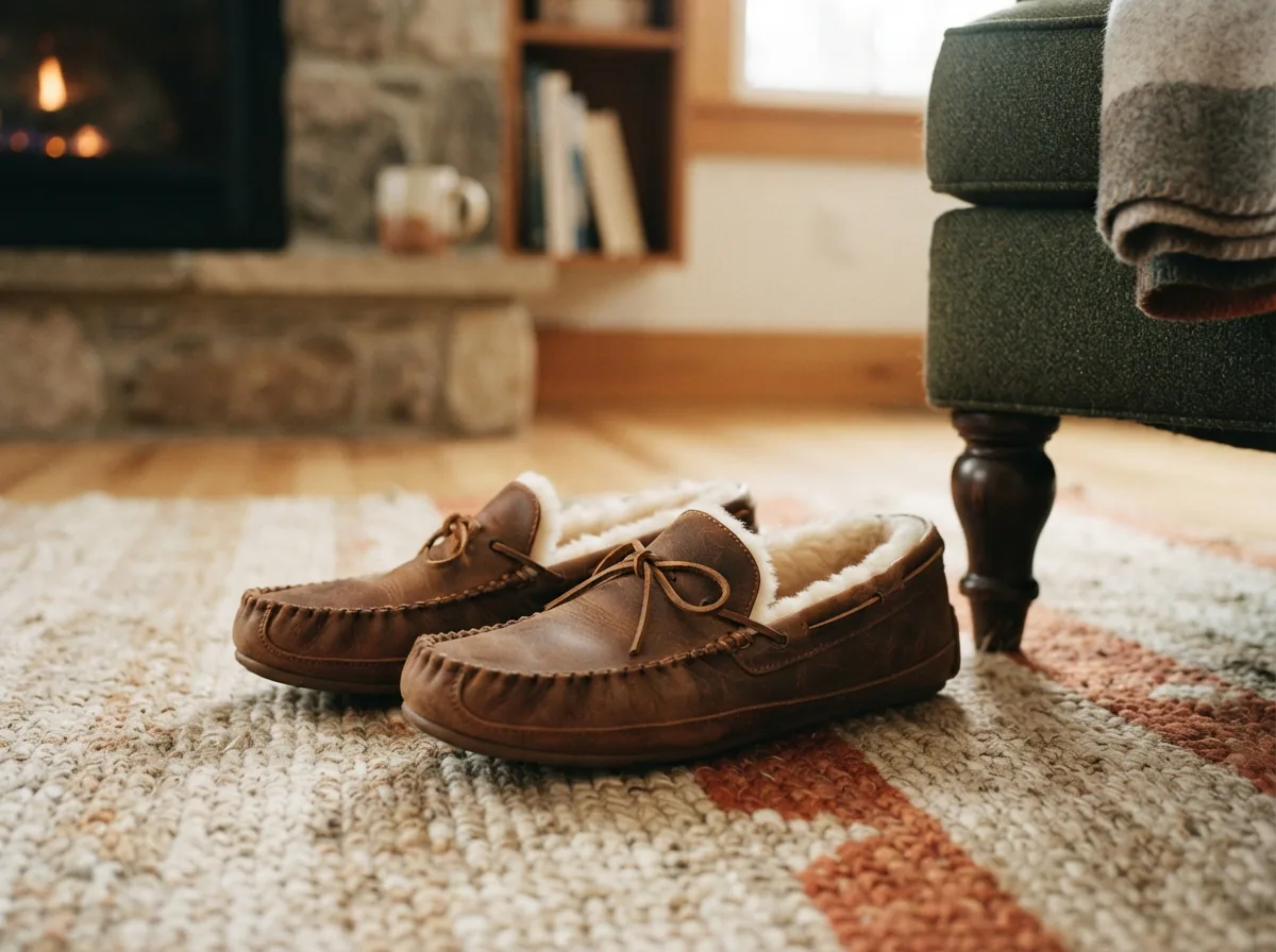 A pair of brown leather H.S. Trask moccasin slippers with visible shearling lining, placed beside a cozy armchair.