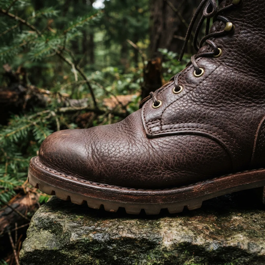 A single H.S. Trask Northern Heritage Boot made from Norwegian Elk hide, shown in a rustic setting.