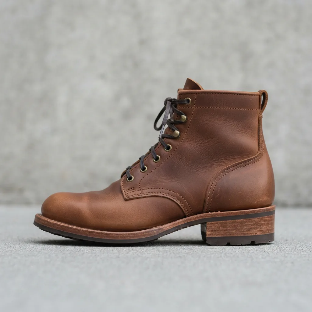 A side profile of a brown leather H.S. Trask women's ankle boot with a stacked heel.