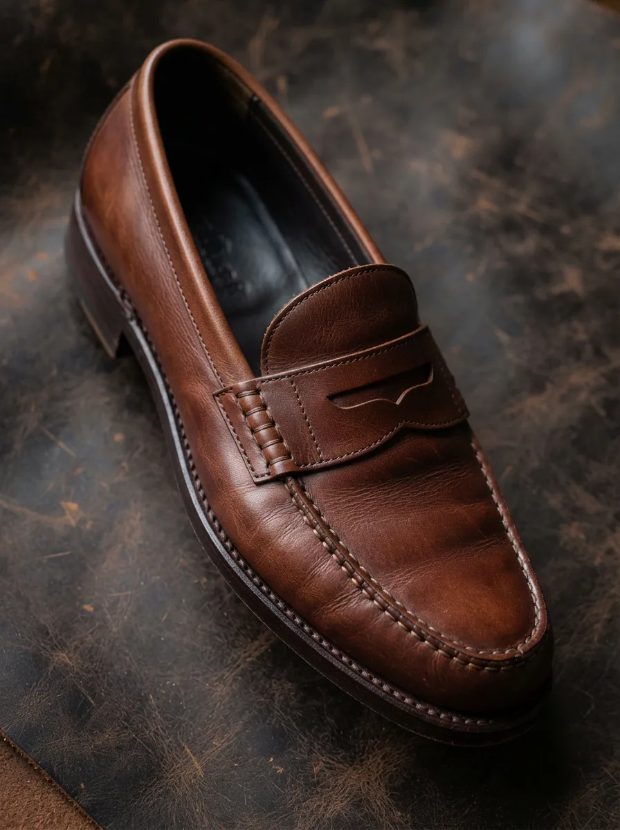 A single classic H.S. Trask leather loafer resting on a textured, dark leather surface.