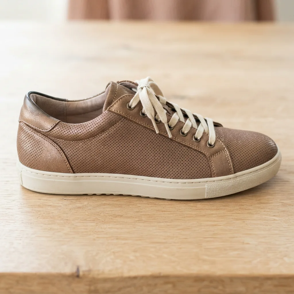 A side view of bronze metallic suede H.S. Trask women's shoes with perforated detailing.