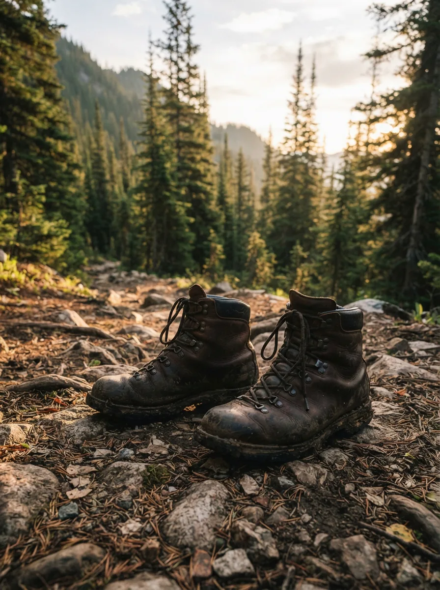 A pair of H.S. Trask leather boots standing on a rocky mountain trail at dawn.