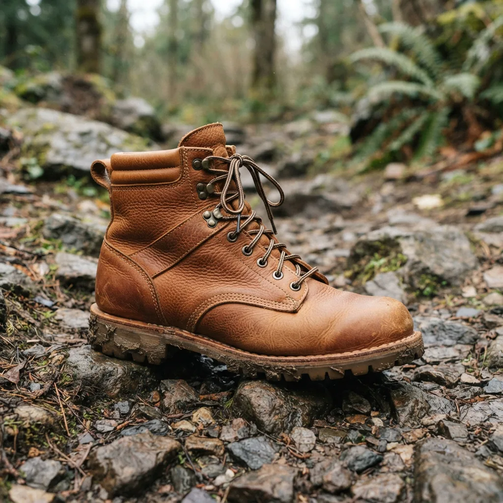 H.S. Trask Men's Hiking Boots in tan bison leather, set on a rocky outdoor surface.