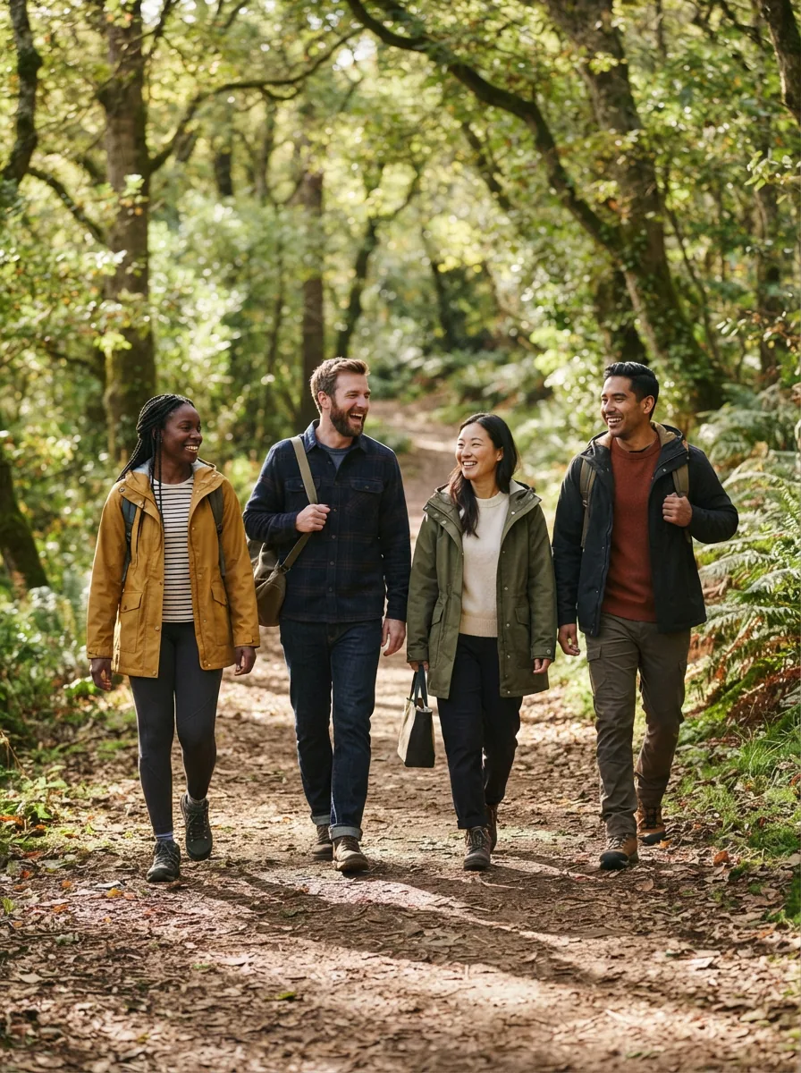 A diverse group of friends laughing and walking together in a wooded area, all wearing casual, sturdy footwear.