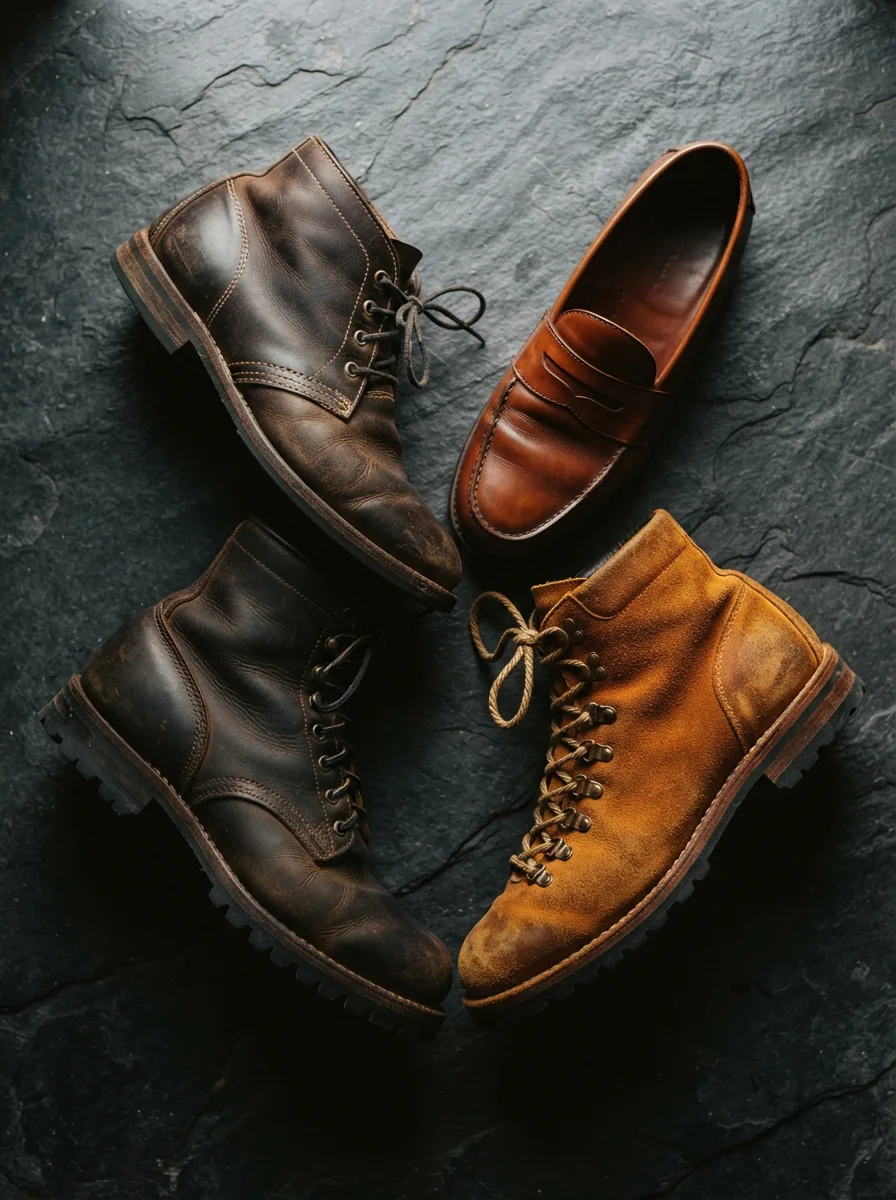 An artful display of various Trask leather shoes and boots arranged on a natural slate surface, showcasing the range of styles and rich leather textures.