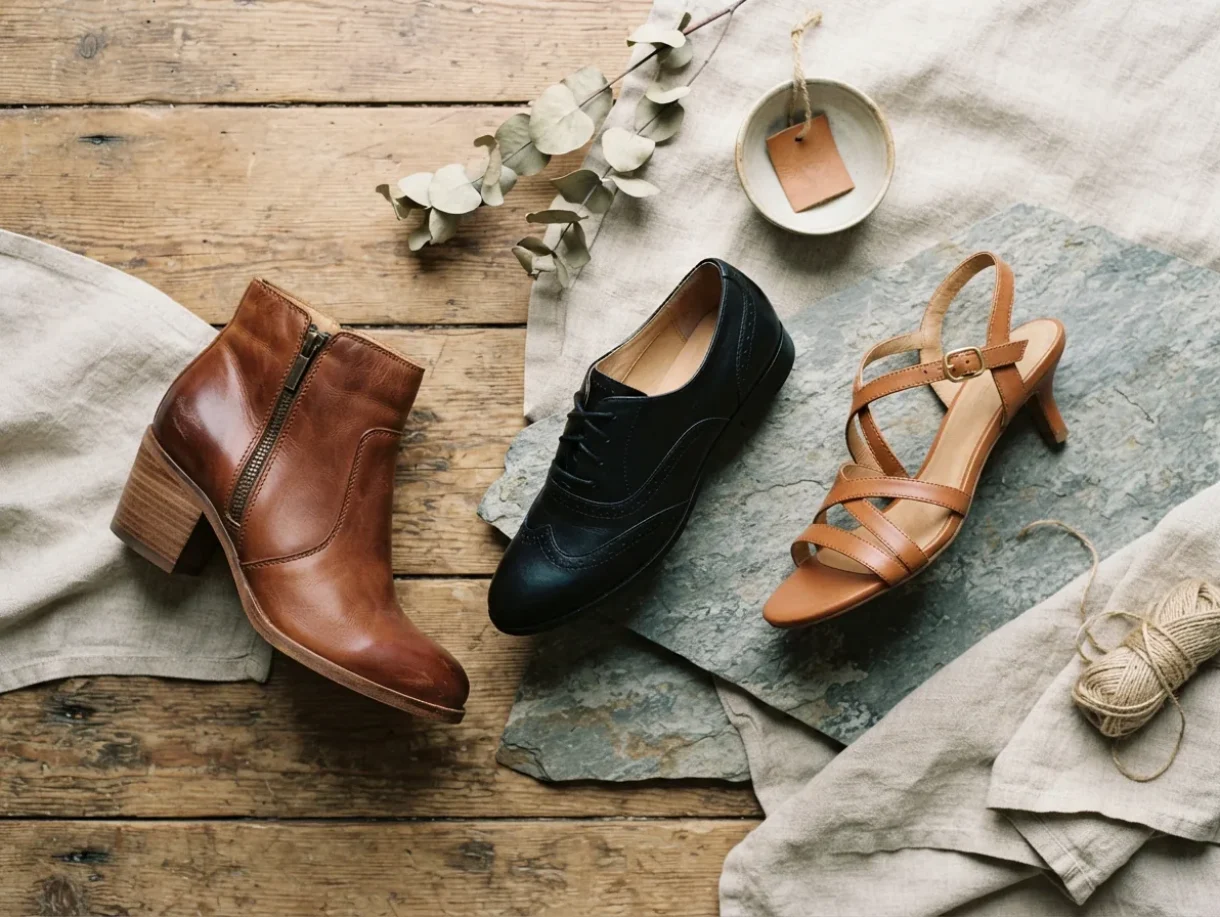 An artistic arrangement of different Trask women's shoe styles, including a boot, an oxford, and a sandal, on varied textures.