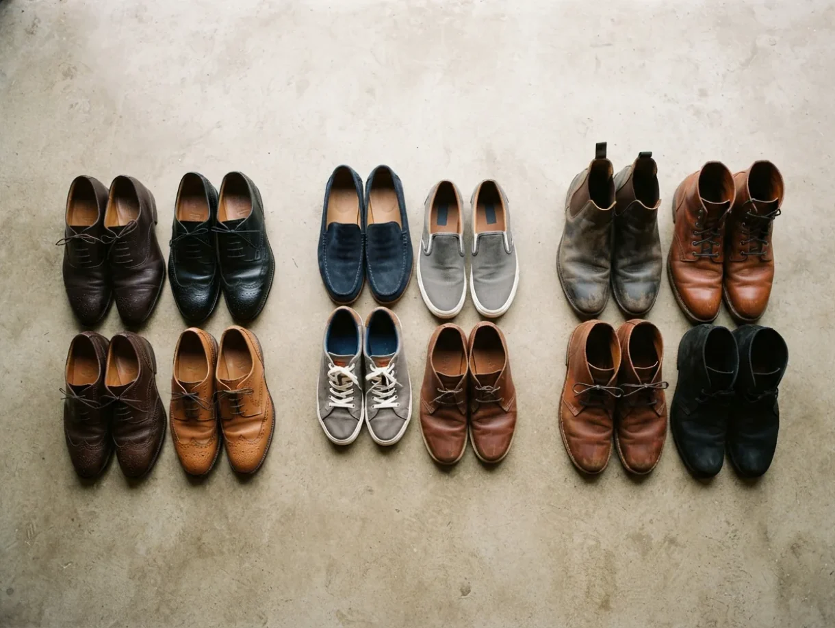 Trask men's shoes and boots organized into three distinct groupings on a neutral background, representing different style categories.