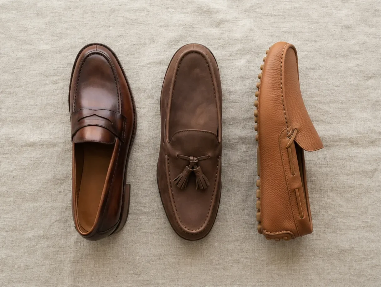 Three distinct loafer silhouettes—a penny, a tassel, and a driving moccasin—displayed in a row.