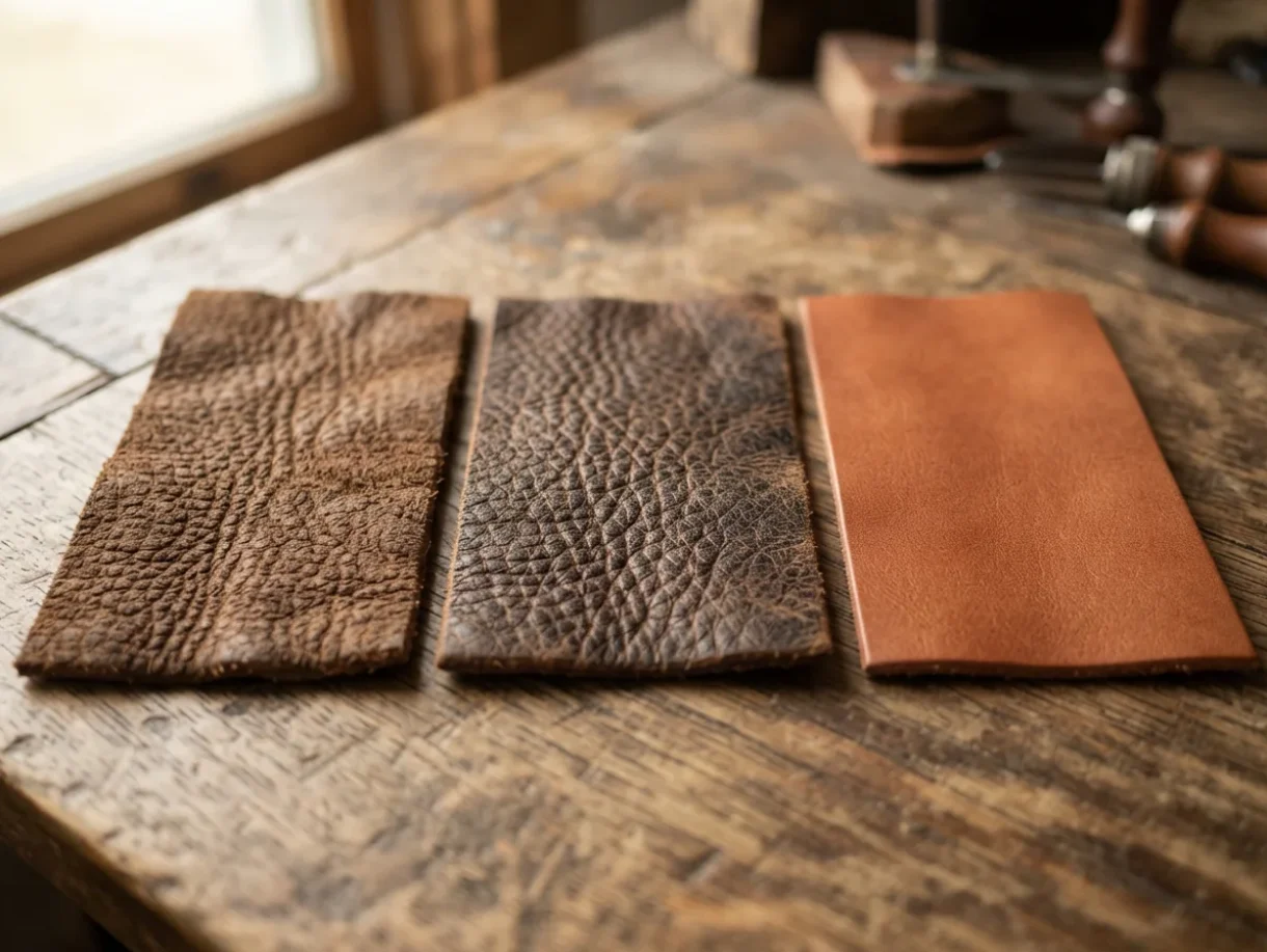 A side-by-side display of three distinct Trask leather types—Elk, Bison, and full-grain—showcasing their unique textures.