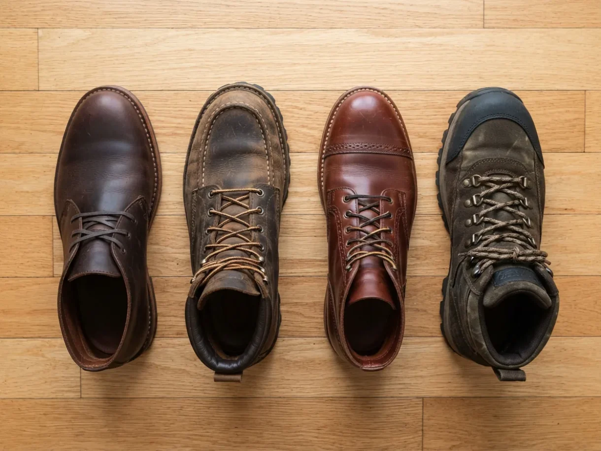 A lineup of different H.S. Trask boot styles arranged on a wooden floor.
